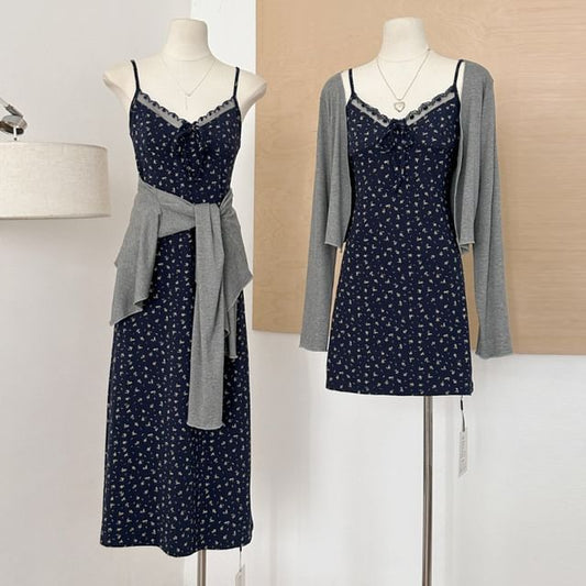 (Various Spaghetti Front Designs) Strap Lace A-Line Floral Dress Open V-Neck Set: Plain + Trim Print Cardigan