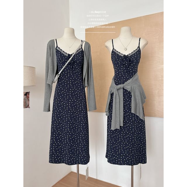 (Various Spaghetti Front Designs) Strap Lace A-Line Floral Dress Open V-Neck Set: Plain + Trim Print Cardigan