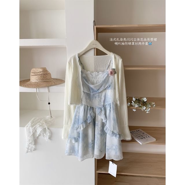 + A-Line Plain Floral Set: Mini Dress Strap Spaghetti Print Cardigan