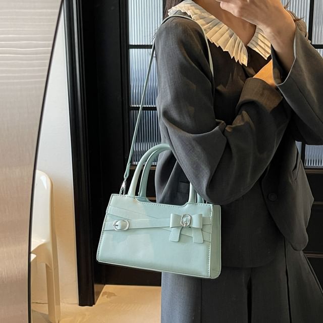 Handle Crossbody Faux Bag Leather Top Buckled Bow