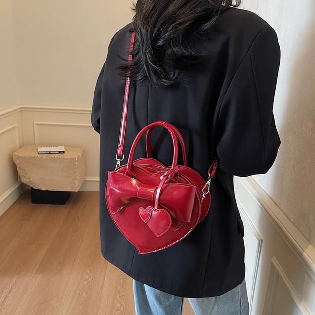 Faux Bag Leather Bow Handle Heart Top Crossbody