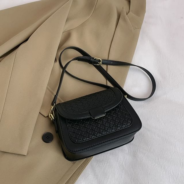 Woven Crossbody Flap Bag Faux Leather
