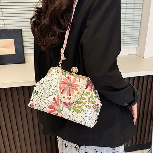 Strap Jacquard Bag Faux Crossbody Pearl Floral