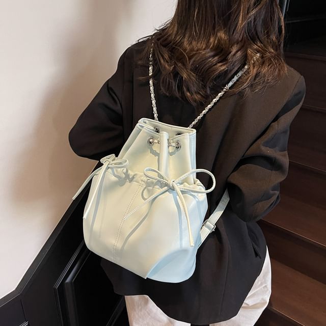 Drawstring Faux Leather Plain Backpack