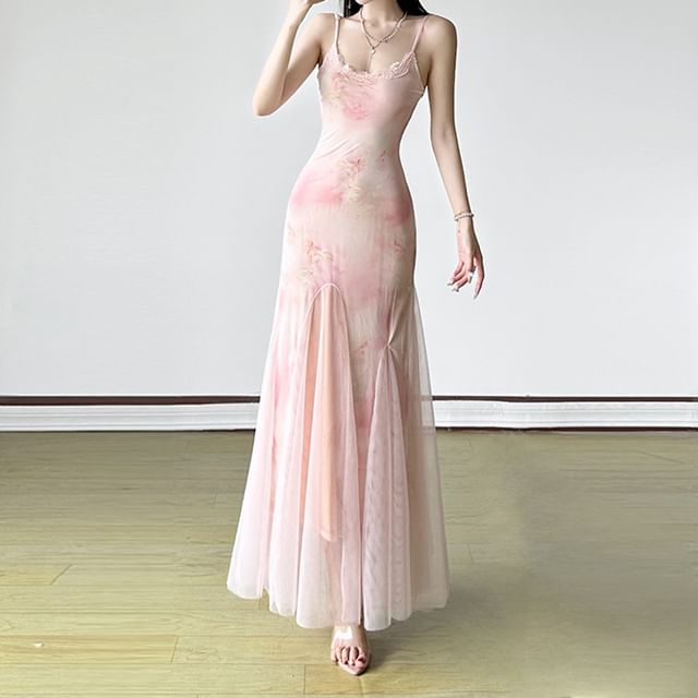 Spaghetti Strap Scoop Neck Tie Dye Lace Trim Mesh Maxi Mermaid