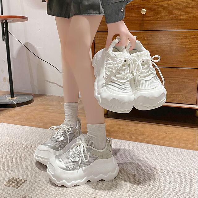 Faux Mesh Sneakers Platform Leather Panel Lace-Up