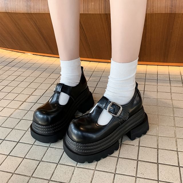 T-Strap Plain Leather Platform Mary Shoes Faux Jane