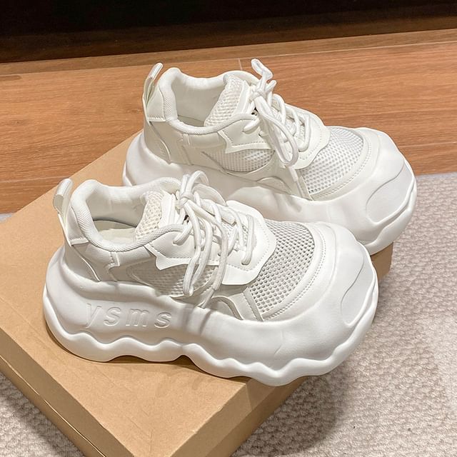 Faux Mesh Sneakers Platform Leather Panel Lace-Up