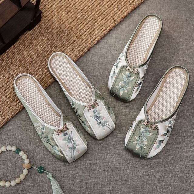 Embroidered Mules Floral Panel