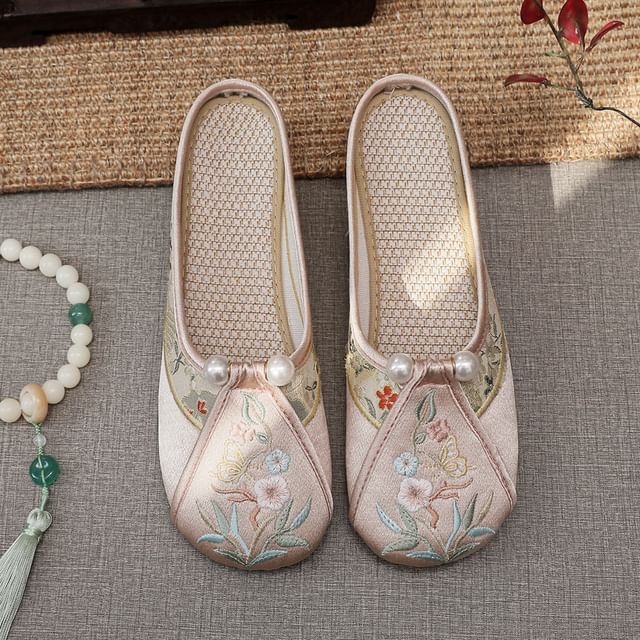 Pearl Embroidered Mules Faux Floral