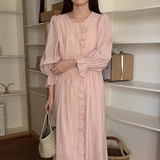 Puff Sleeve Striped Ruffle Maxi Smock Dress