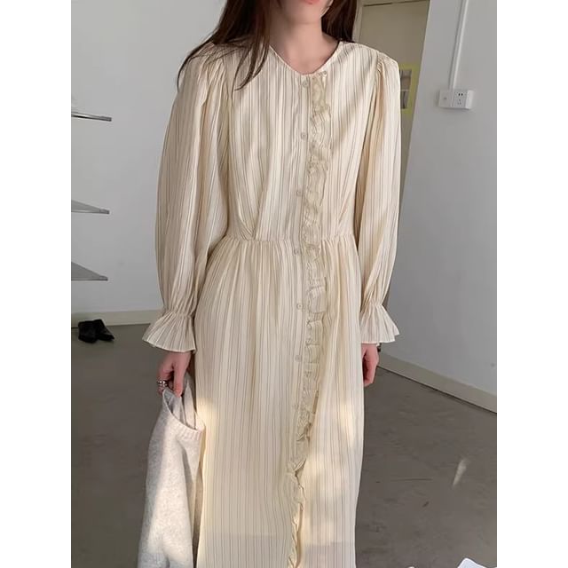 Puff Sleeve Striped Ruffle Maxi Smock Dress