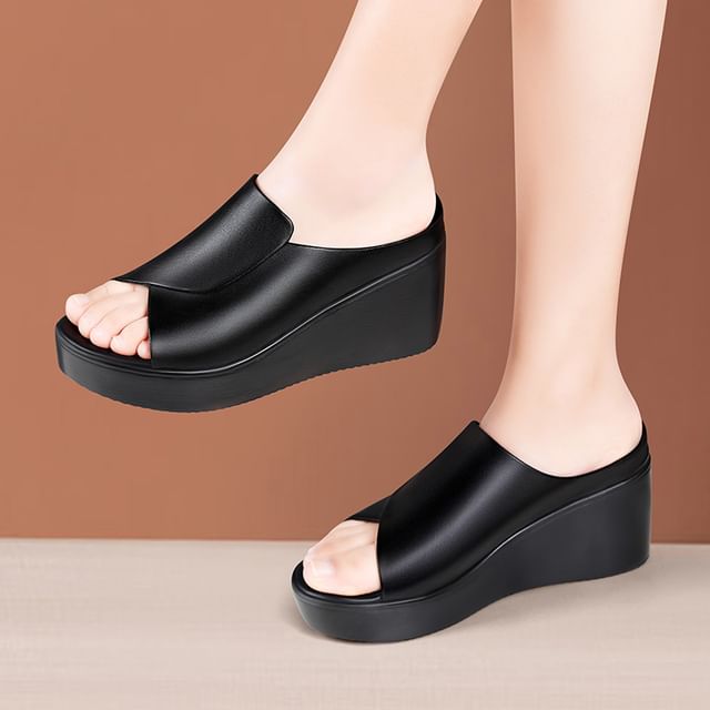 Platform Wedge Faux Leather Slide Sandals