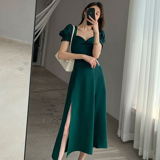 Midi Slit Neck Sleeve Puff Sweetheart Plain A-Line Dress
