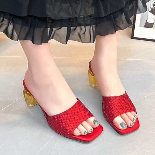 Block Heel Plain Slide Sandals