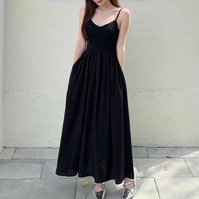 V-Neck Plain A-Line Maxi Dress with Spaghetti Straps