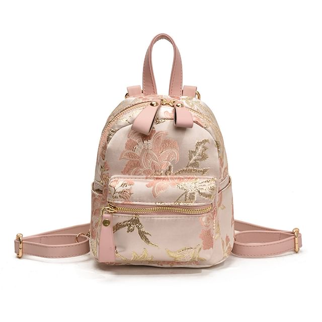 Multi-Pocket Backpack Embroidered Flower