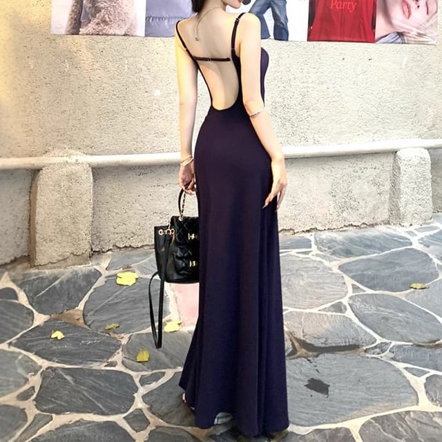 Open-Back A-Line Maxi Dress with Spaghetti Straps