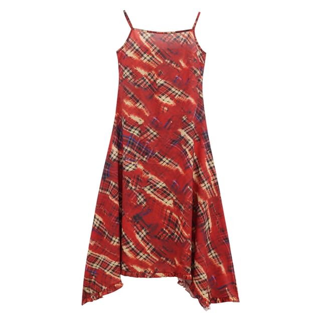 Plaid Asymmetrical Maxi Sundress with Spaghetti Straps