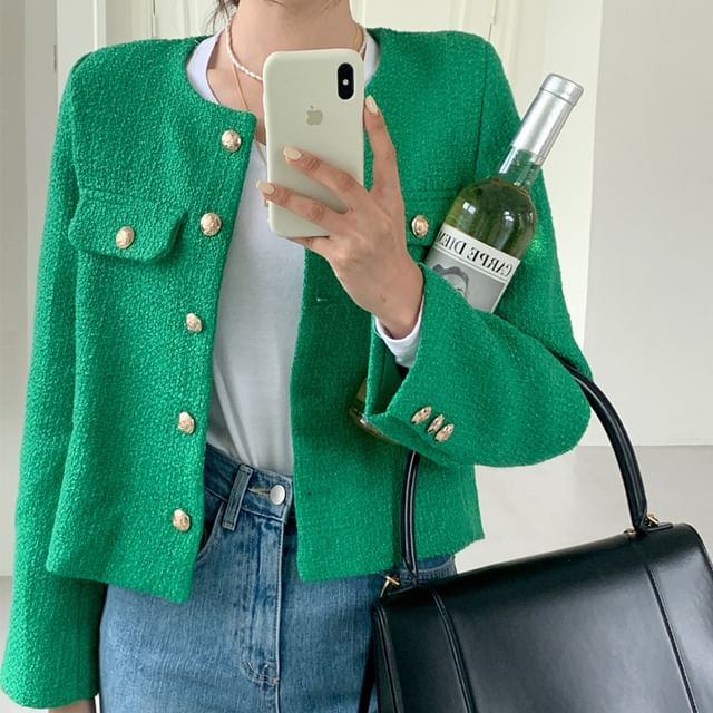 Round Neck Plain Tweed Button Jacket
