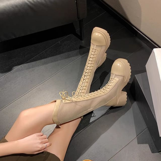 Mesh Chunky Lace-Up Panel Boots Tall Platform Heel