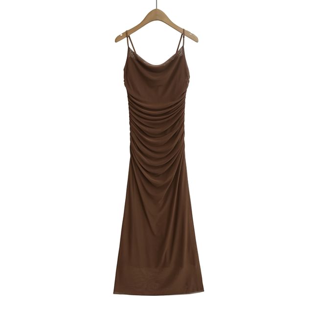 Ruched Midi A-Line Dress with Spaghetti Straps