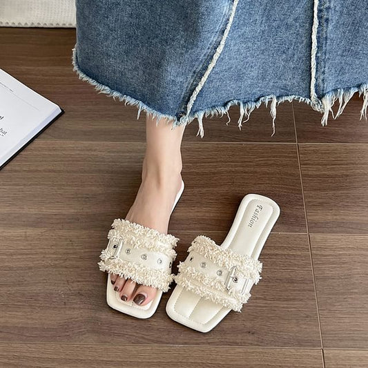 Tasseled Square-Toe Sandals Slide Buckled