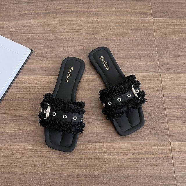 Tasseled Square-Toe Sandals Slide Buckled