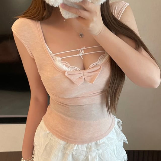 Scoop / Slim Bow Lace Bra Cap-Sleeve T-Shirt Neck Fit Panel Top