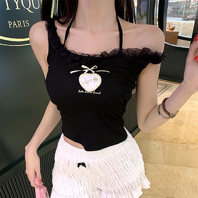 Crop Cartoon Trim Lace Top Cami Print