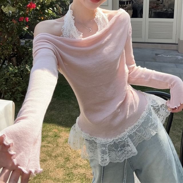 Halter Tee Long-Sleeve Two-Piece Panel Lace Slim Fit Mock