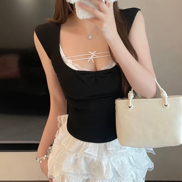Scoop / Slim Bow Lace Bra Cap-Sleeve T-Shirt Neck Fit Panel Top