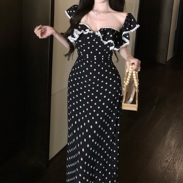 Dotted Fit Maxi Top / Sheath Tank Trim Cap-Sleeve Ruffle Slim Lace Dress