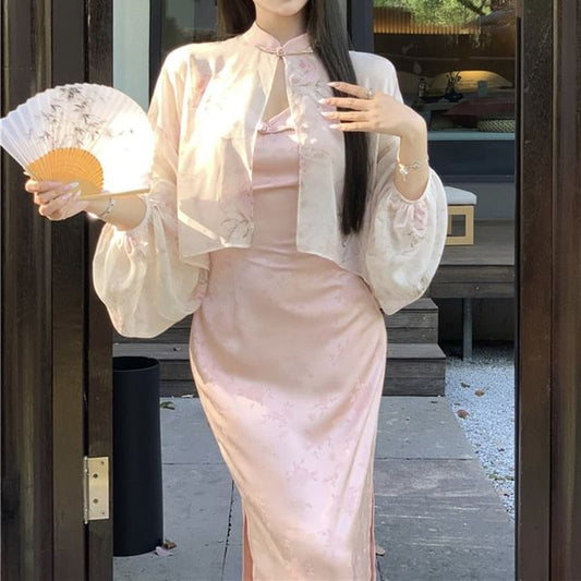 Dress Print V-Neck Slit Sheath Mandarin Spaghetti Strap Frog Jacket Floral Collar Closure Maxi / Jacquard Light