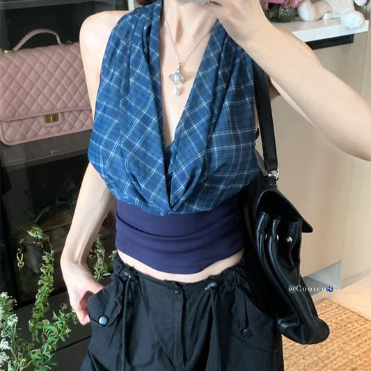 Panel Open Plaid Cowl Crop Back Neck Top Halter