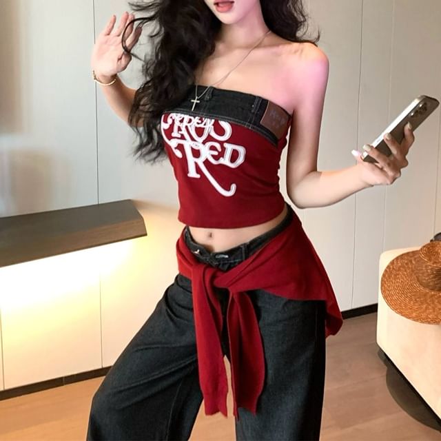 Tube Print Shawl High Plain Lettering Jeans Top Panel Rise / Crop Wide Denim Leg