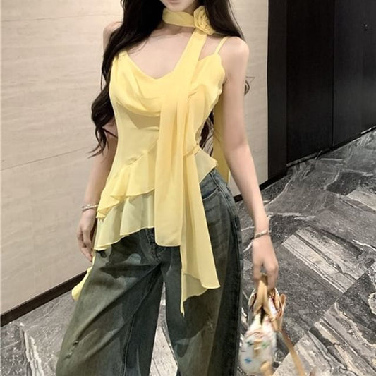 + Plain Ruffle Hem Top Camisole Crop Asymmetrical Scarf Set: V-Neck