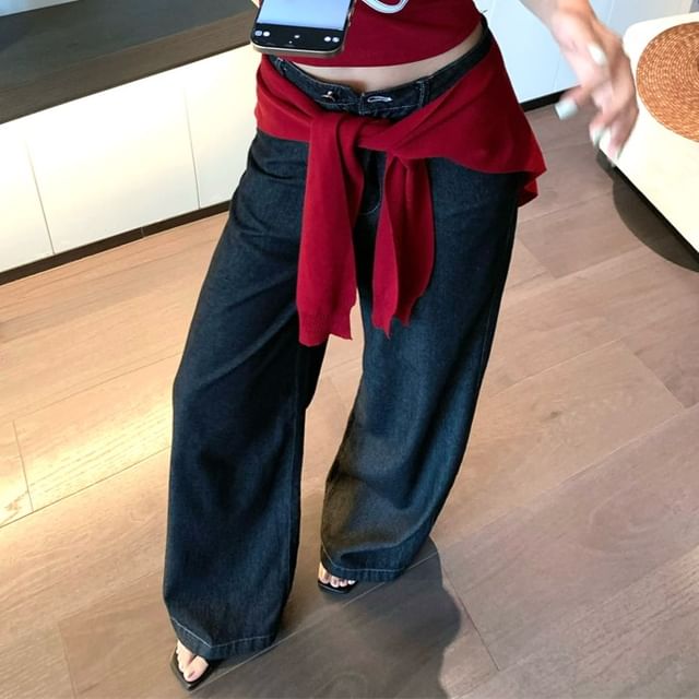 Tube Print Shawl High Plain Lettering Jeans Top Panel Rise / Crop Wide Denim Leg