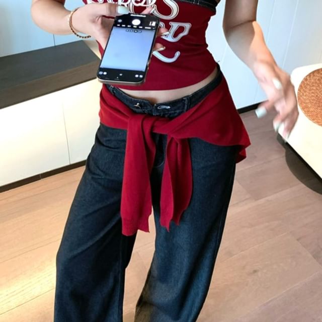 Tube Print Shawl High Plain Lettering Jeans Top Panel Rise / Crop Wide Denim Leg