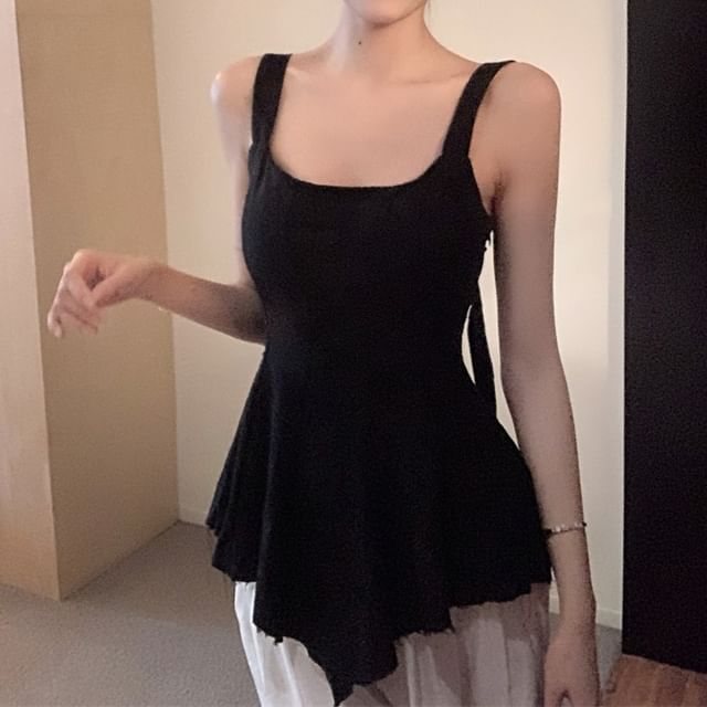 Neck Frayed Tank Jacquard Asymmetrical Peplum Top Scoop