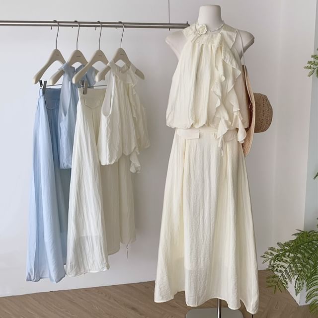 Blouse + Set: Rise Plain Halter Skirt High A-Line Ruffle Midi