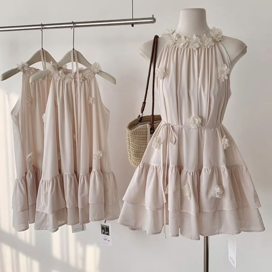 Detail Flower Ruffle Mini Halter Sundress Plain