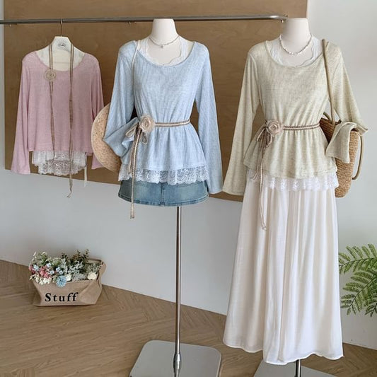 Neck Trim Long-Sleeve Plain Tee Round Lace