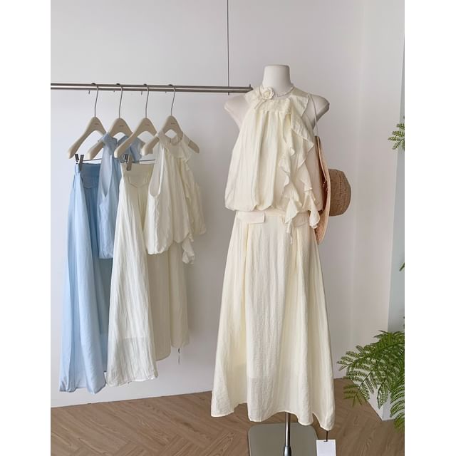 Blouse + Set: Rise Plain Halter Skirt High A-Line Ruffle Midi