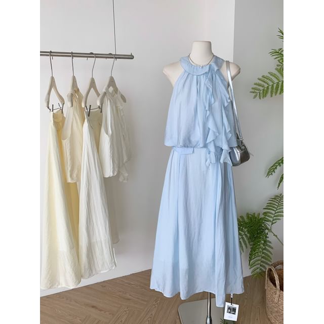 Blouse + Set: Rise Plain Halter Skirt High A-Line Ruffle Midi