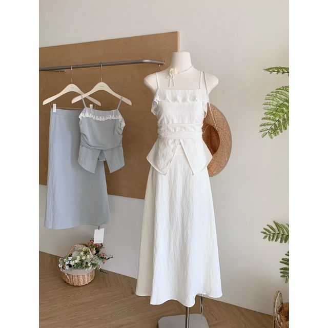 Set: Camisole Rise + Front-Slit Plain Lace Skirt Top High Midi A-Line Trim