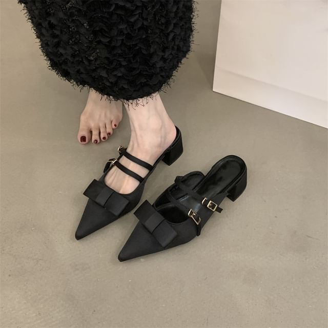 Pointed Toe Bow Chunky Heel Mary Jane Mules