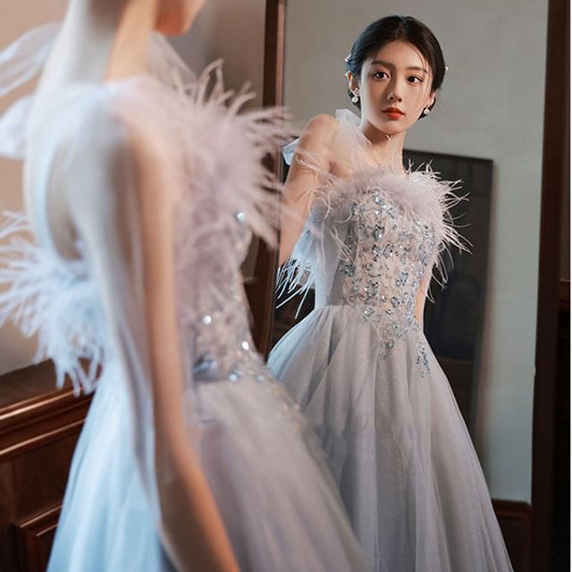 Sequined Fluffy Tie-Shoulder A-Line Gown Evening Trim