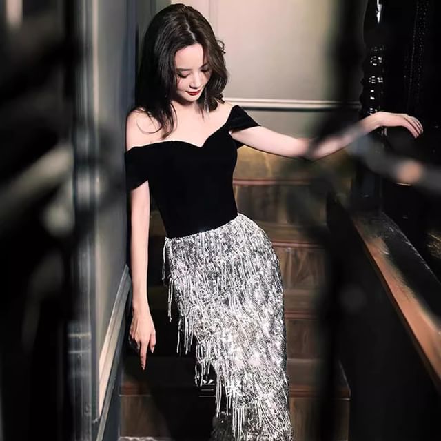 Panel Gown Evening Velvet Off-Shoulder Sequined Tasseled A-Line