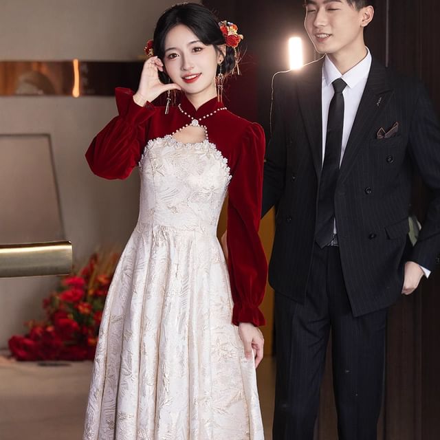 Puff-Sleeve Pearl Faux Jacquard Wedding Dress Chinese A-Line Floral